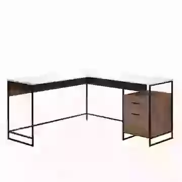 Mango Wood L Shaped Desk with White Accents and Filing Drawer